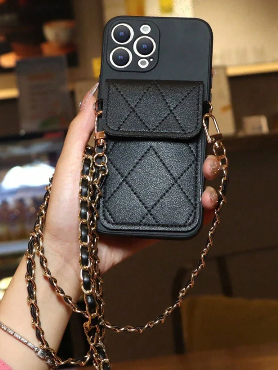 Bow Pearl Crossbody Bag, Solid Color Straight-Edge Beige Color Minimalist Anti-Drop Thick Phone Protective Case With Print, Compatible With IPhone