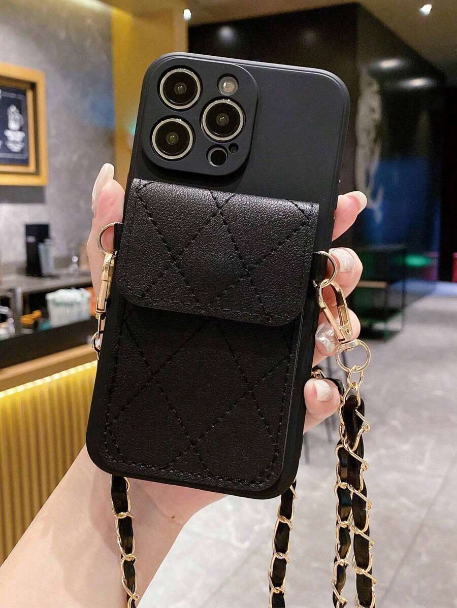 Bow Pearl Crossbody Bag, Solid Color Straight-Edge Beige Color Minimalist Anti-Drop Thick Phone Protective Case With Print, Compatible With IPhone