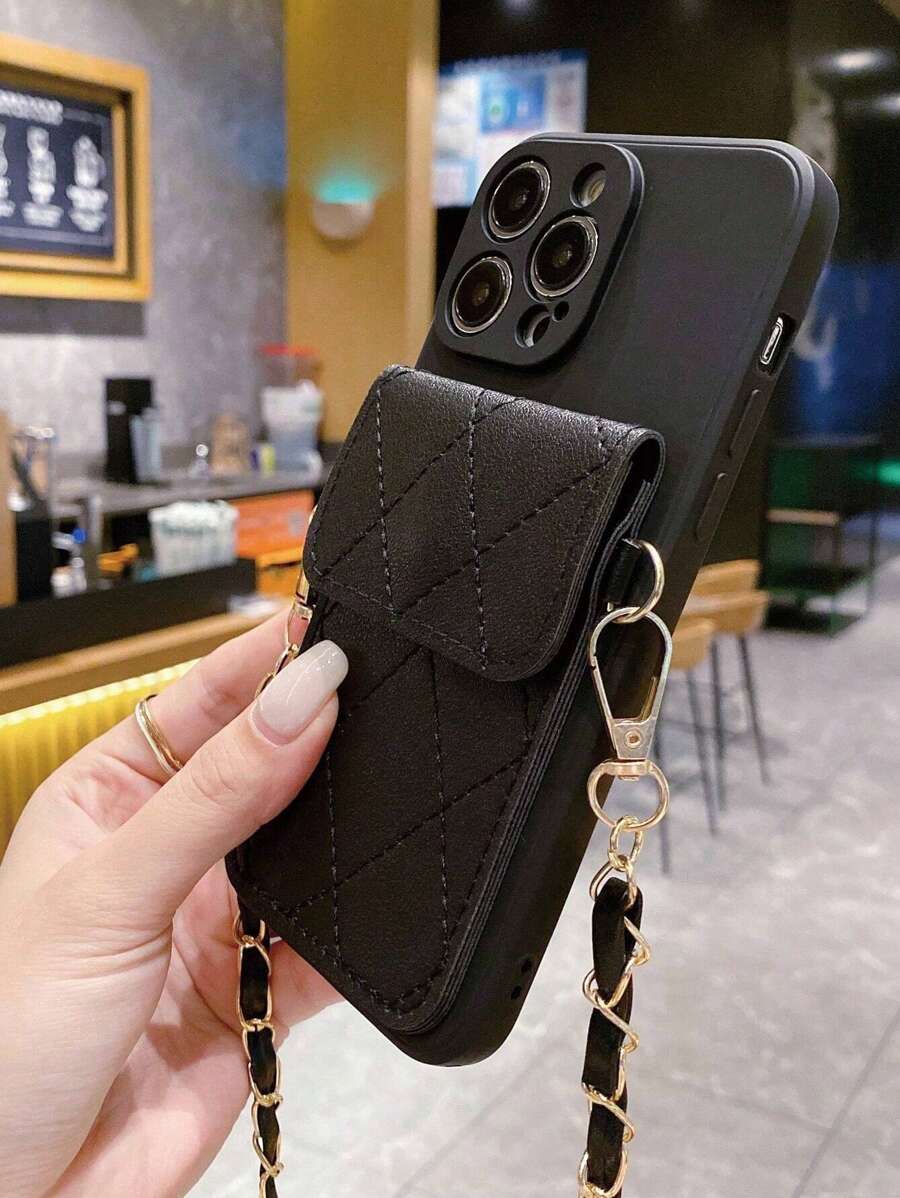 Bow Pearl Crossbody Bag, Solid Color Straight-Edge Beige Color Minimalist Anti-Drop Thick Phone Protective Case With Print, Compatible With IPhone