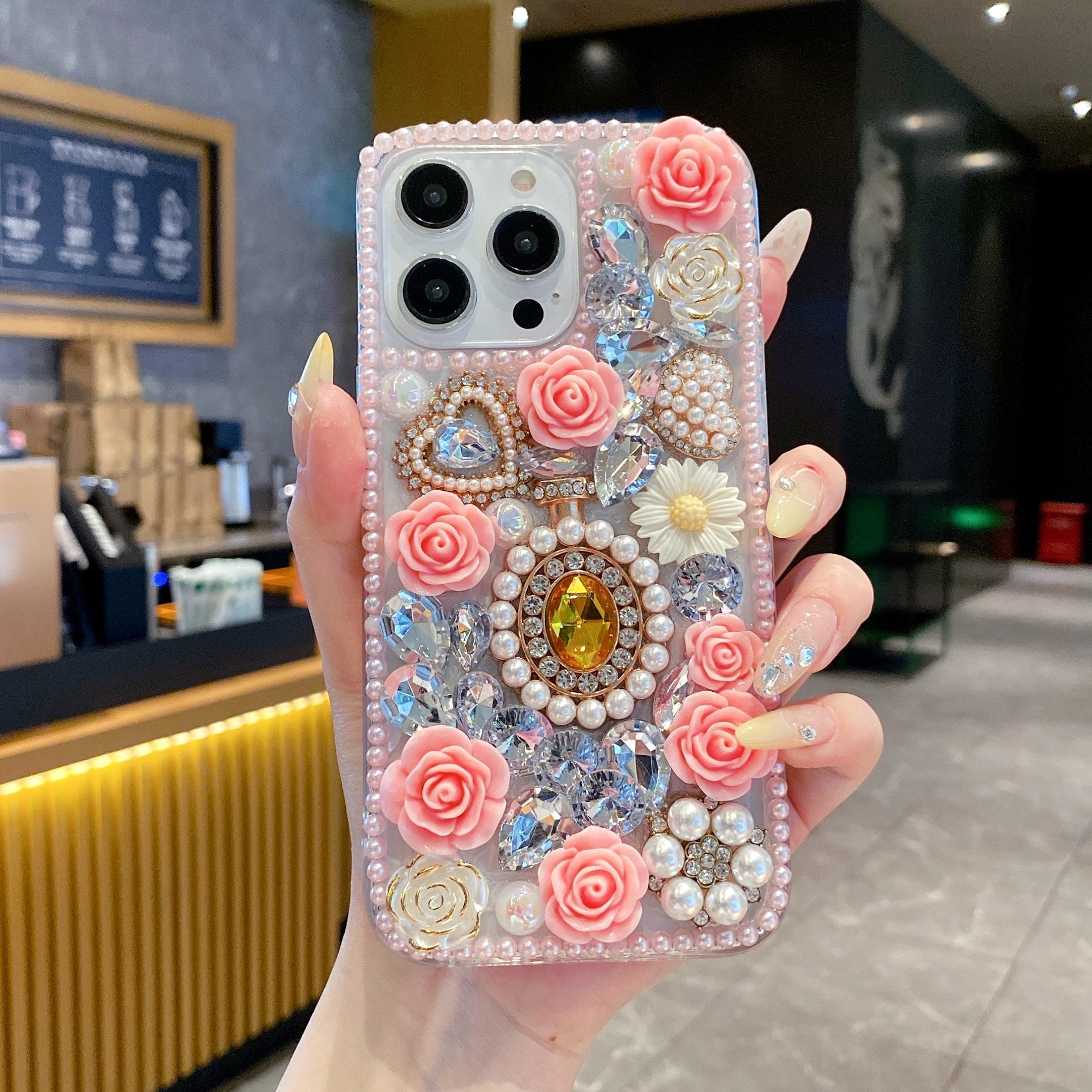 Crystal Rhinestone Pearl Love Rose Wristband Bracelet Case For iPhone