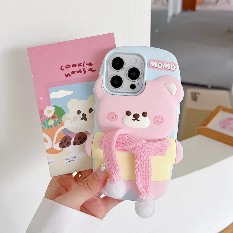 Cute Bear With Scarf Silicon Phone Case For iPhone