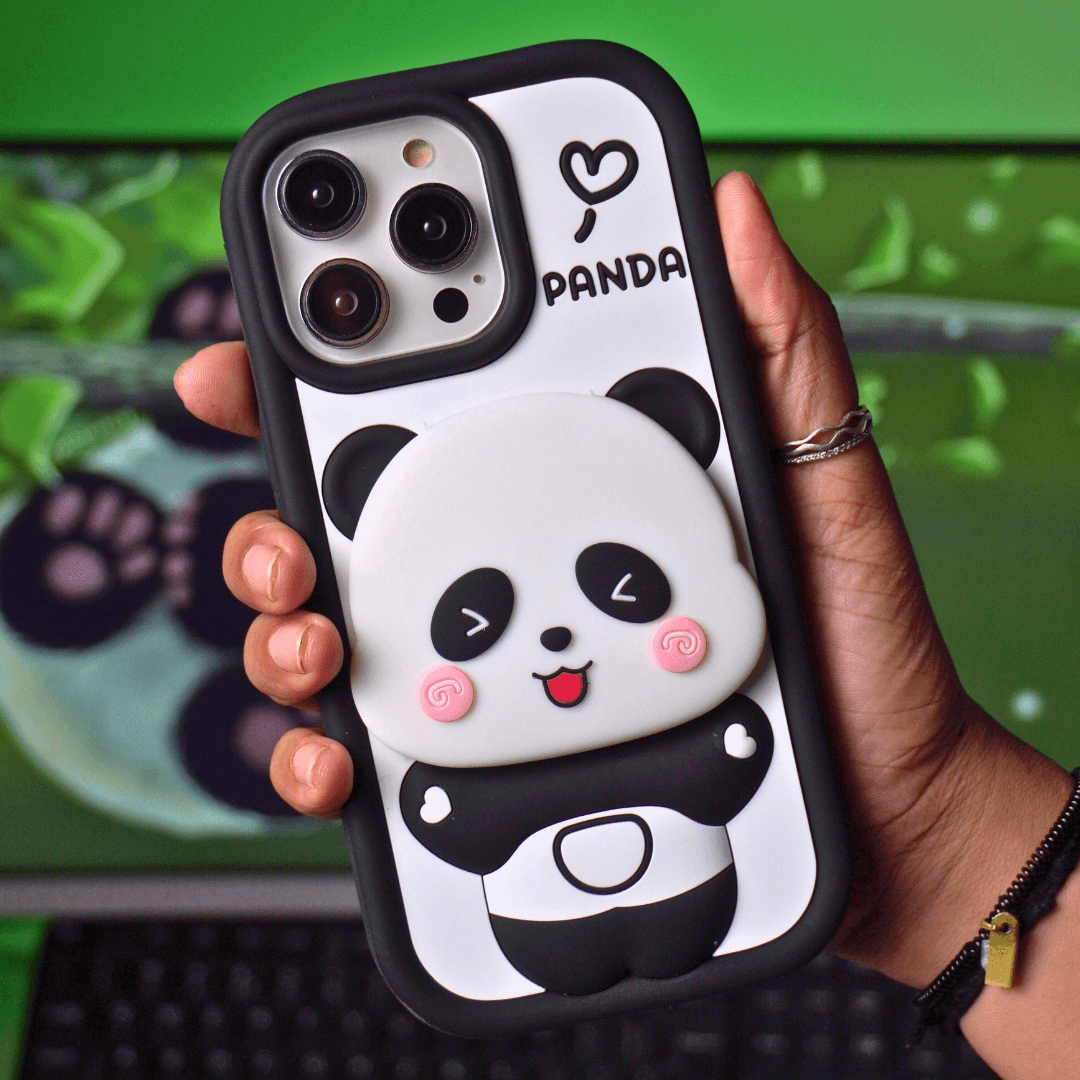 Cute Panda With Mirror Stand Silicon Phone Case For iPhone