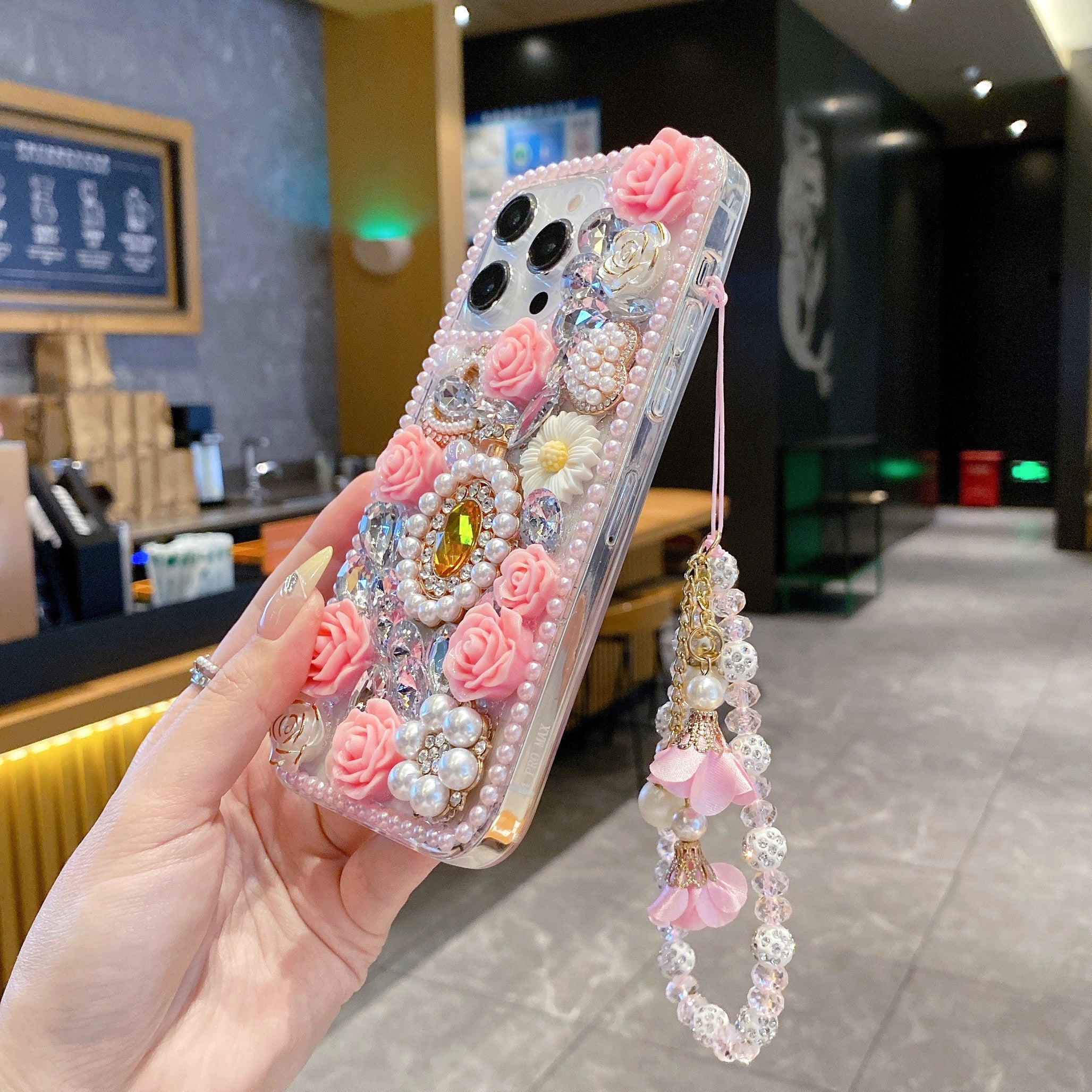 Crystal Rhinestone Pearl Love Rose Wristband Bracelet Case For iPhone