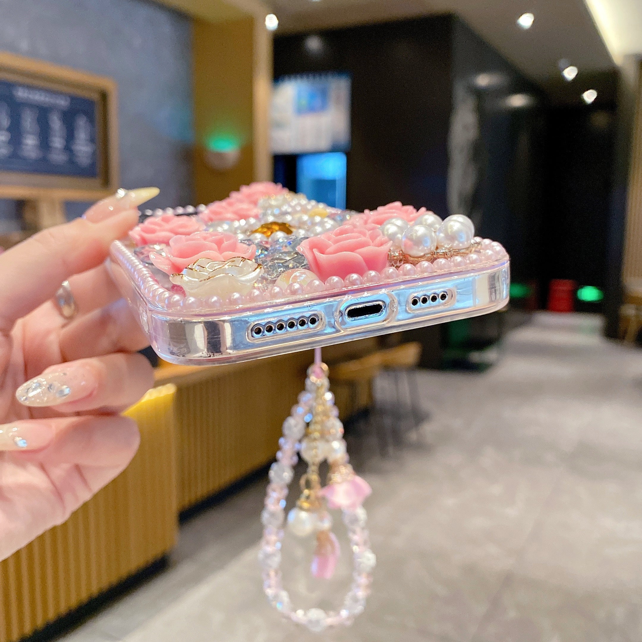 Crystal Rhinestone Pearl Love Rose Wristband Bracelet Case For iPhone