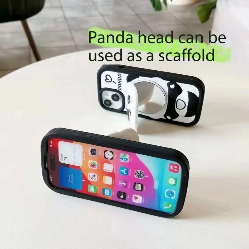 Cute Panda With Mirror Stand Silicon Phone Case For iPhone