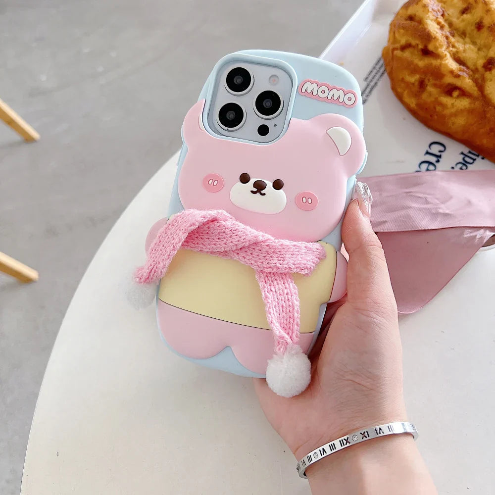 Cute Bear With Scarf Silicon Phone Case For iPhone