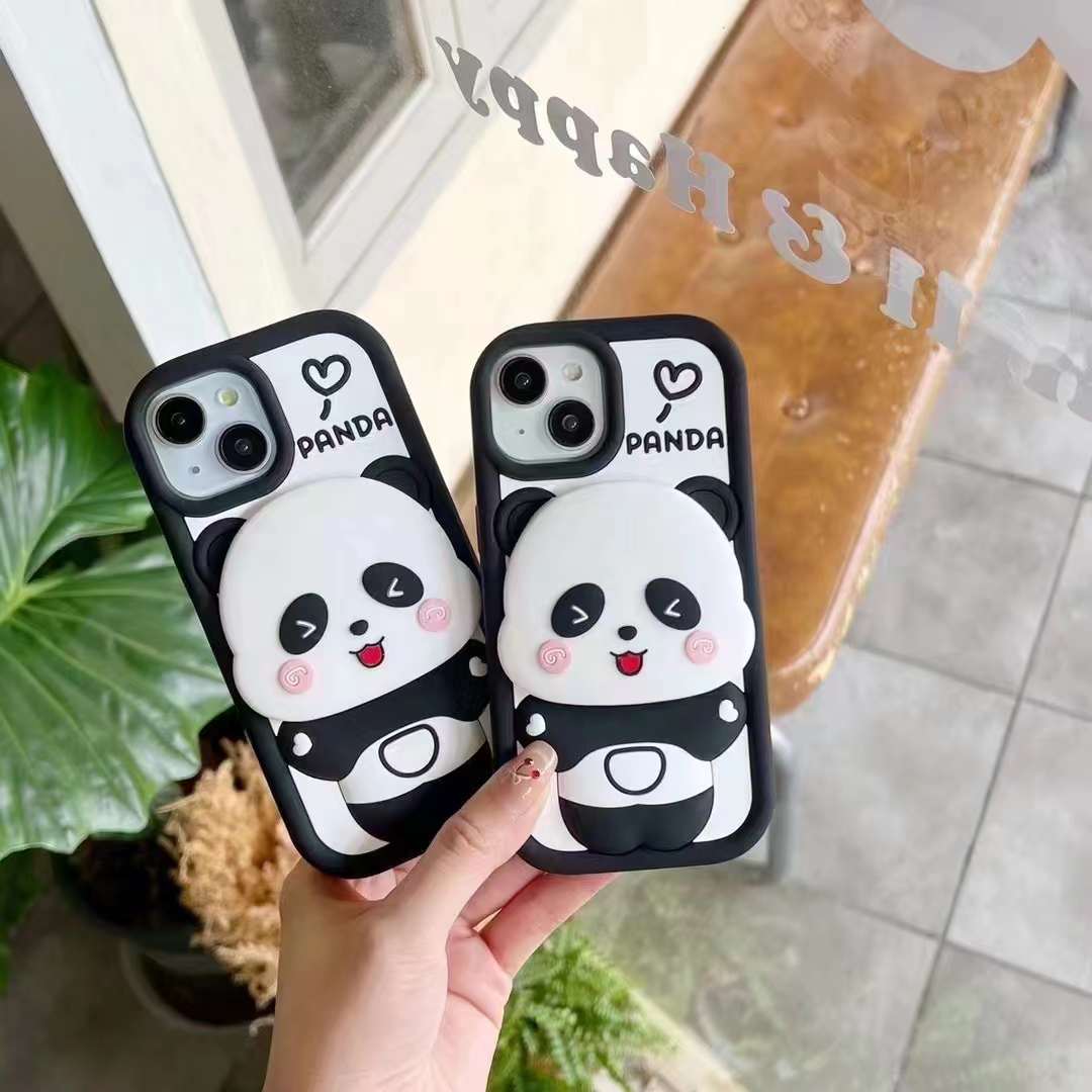 Cute Panda With Mirror Stand Silicon Phone Case For iPhone