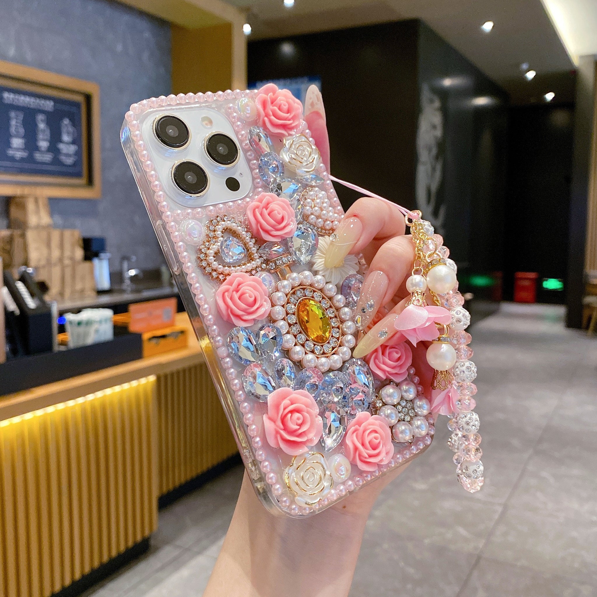 Crystal Rhinestone Pearl Love Rose Wristband Bracelet Case For iPhone