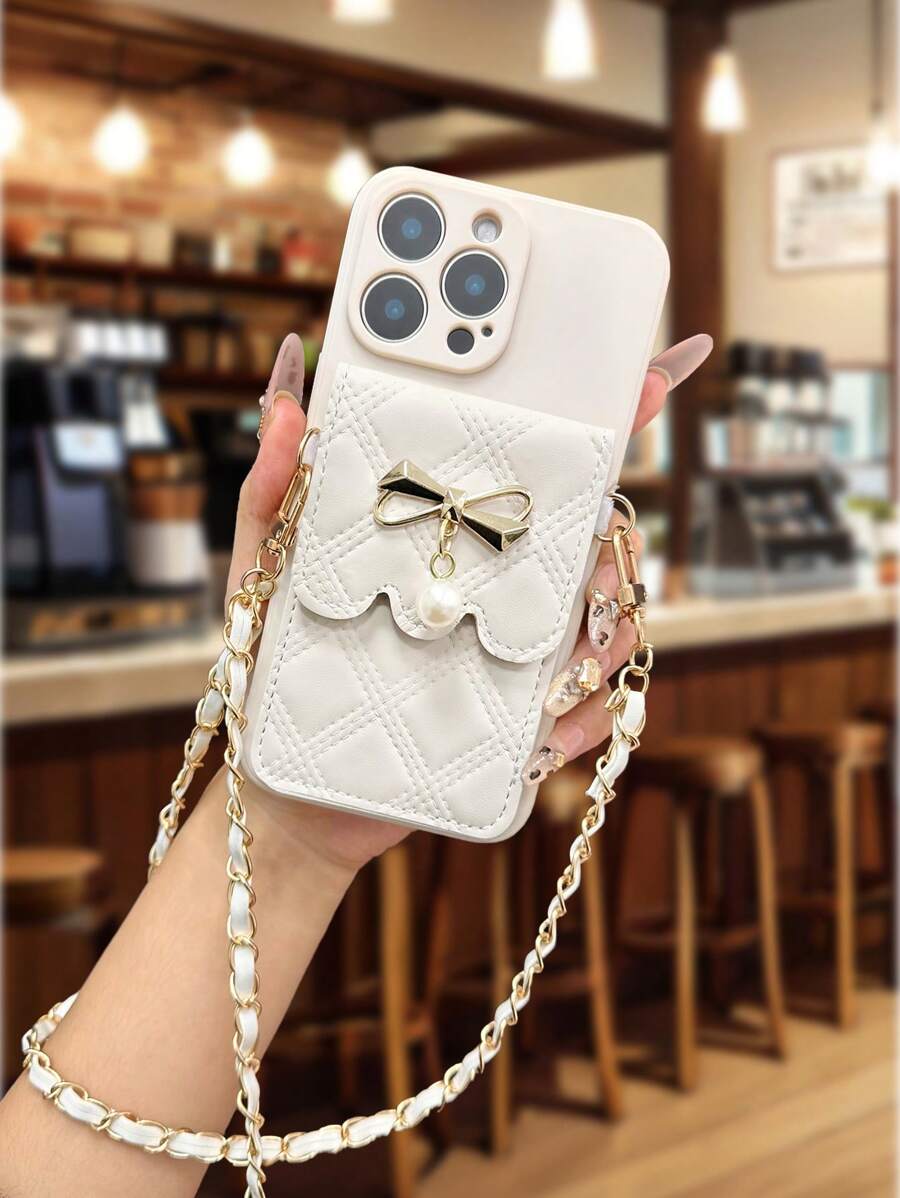 Bow Pearl Crossbody Bag, Solid Color Straight-Edge Beige Color Minimalist Anti-Drop Thick Phone Protective Case With Print, Compatible With IPhone