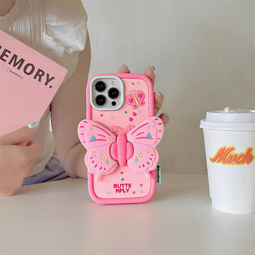 3D Cute Butterfly Stand Silicone Mobile Phone Case Cartoon for iPhone 15 14 13 12 11 Pro Max Fashion Shockproof Back Cover