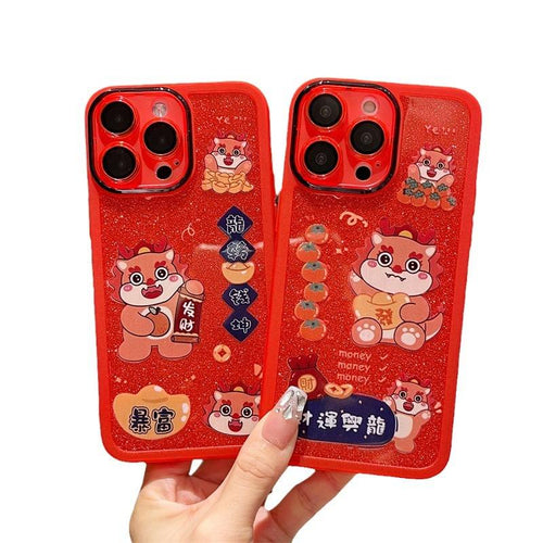 2024 New Year Style Red Camera Lens protection Cell case Dragon Glitter Powder Mobile Phone case for Iphone 12 13 14 15Pro Max